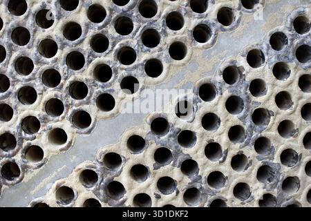 Piastra tubolare dello scambiatore di calore o della caldaia primo piano superficie macro diagonale fondo pieno di depositi minerali duri insolubili sali incrostazioni e corrosi Foto Stock