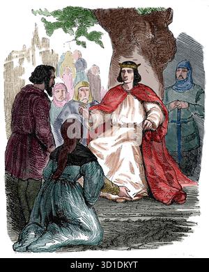 Re Luigi IX (1214-1270) di Francia, è raffigurato amministrare la giustizia ai contadini sotto un albero di quercia. Incisione, XIX secolo. Foto Stock