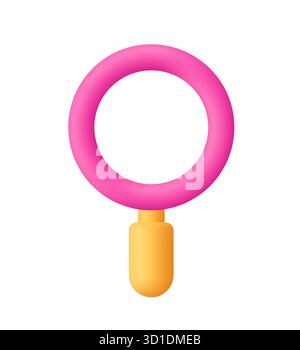 Lente di ingrandimento rosa, lente di ingrandimento con manico giallo. Concetto di scoperta, ricerca, ricerca, analisi e indagine. icona vettoriale 3d. Cartoni animati minimal Illustrazione Vettoriale