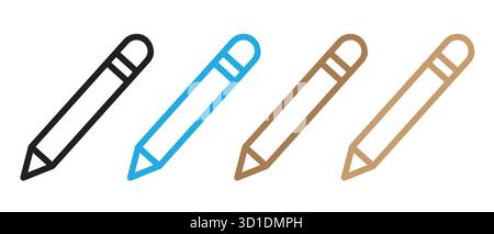Set di icone a matita. Variazioni del contorno nero, blu e marrone per la scrittura, la modifica e gli strumenti di progettazione in stile minimalista. Illustrazione Vettoriale