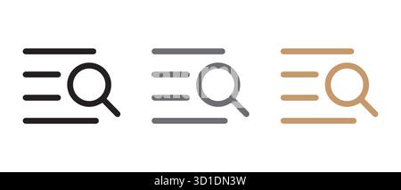Set di icone Cerca e ispeziona. Lente d'ingrandimento nera, grigia, marrone su righe di testo. Illustrazione Vettoriale