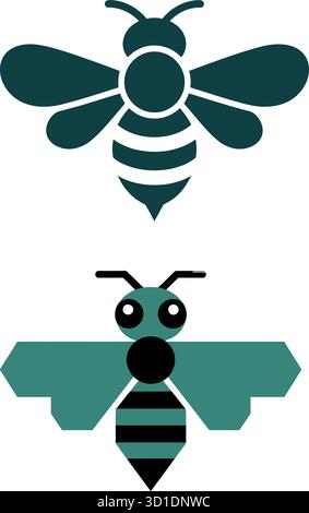 Icone vettoriali delle api stilizzate: Design geometrico e arrotondato degli insetti per i concetti Nature Illustrazione Vettoriale