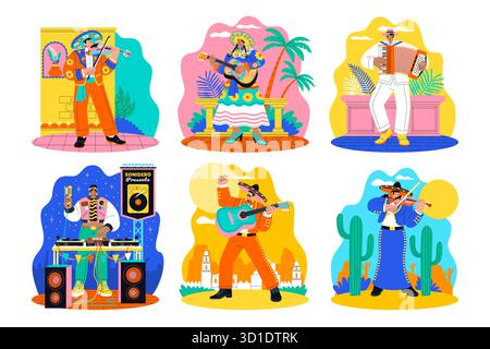 Set di mini composizioni con musicisti latini in stile cartoni animati piatti disegnati a mano Illustrazione Vettoriale