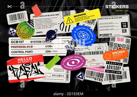 Set di adesivi Y2K e confezionamento sparsi casualmente su sfondo ruvido del sacchetto di plastica scuro. Grafico EPS10 vettoriale. Illustrazione Vettoriale