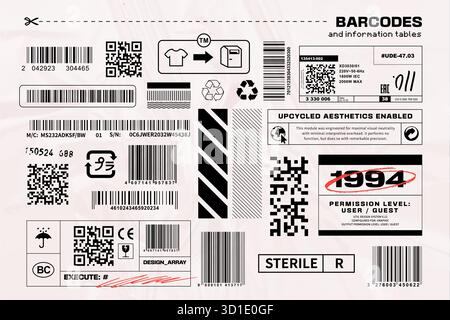 Set vettoriale di codici a barre, codici QR, etichette e simboli di imballaggio. Perfetto per il design industriale moderno, il branding e la grafica collage. Pulire le forme modificabili. Illustrazione vettoriale EPS10. Illustrazione Vettoriale