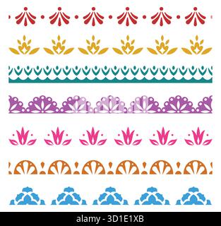 Collezione di design di bordo colorato orizzontale floreale messicano senza cuciture - Set ornamentale di Vector d'arte popolare tradizionale Illustrazione Vettoriale