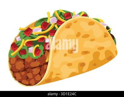 Taco messicano tradizionale con carne macinata, lattuga, pomodori, cipolle e formaggio - disegno di cartoni di cibo messicano Illustrazione Vettoriale