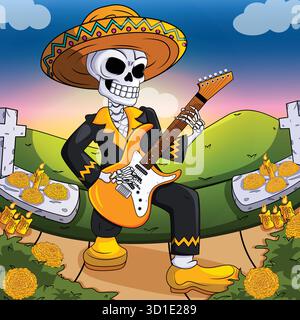 Scheletro che suona la chitarra in abbigliamento messicano in piedi vicino alle Graves con i fiori di Marigold - Cartoon Pop Art Style Day of the Dead Illustration Illustrazione Vettoriale
