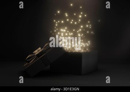 Promozione promozione promozione promozione Black Friday con sorpresa per gli acquisti. Apri la confezione regalo su sfondo nero con scintille dorate. Presentazione della boxe per l'evento festivo Foto Stock