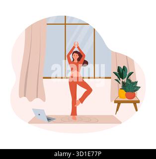 Donna che pratica yoga posa albero durante la lezione online a casa Illustrazione Vettoriale