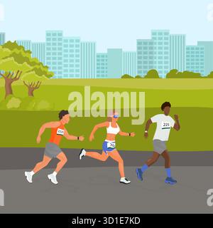 Partecipanti alla gara che corrono nell'evento della maratona del parco cittadino Illustrazione Vettoriale