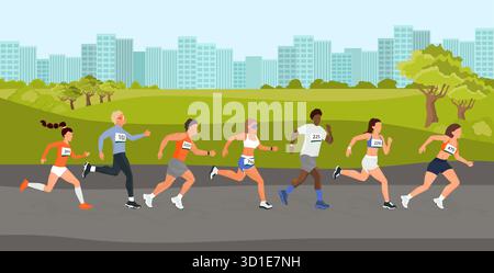 Gruppo di atleti diversi che corrono una maratona cittadina Illustrazione Vettoriale