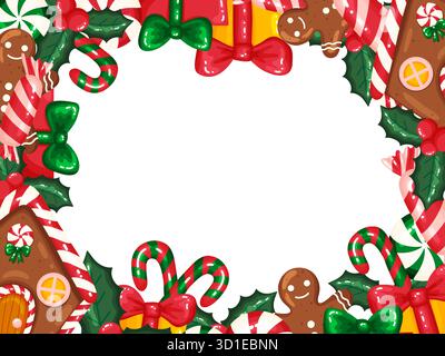 Sfondo ricco e ricco di eventi natalizi, con un bordo pieno di eventi natalizi. Il telaio include case di pan di zenzero, gingerbre Illustrazione Vettoriale