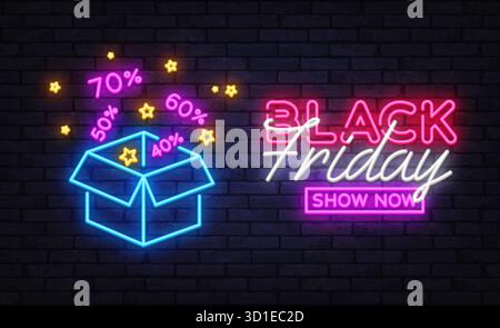 Insegna al neon illuminante con scatola aperta e sconti del 40 50 60 70%. Include il testo Black Friday Show ora in colori vivaci. Promo design con stelle Illustrazione Vettoriale