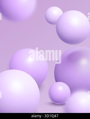Sfondo astratto 3D viola con sfere lucide in stile cartoni animati realistico Illustrazione Vettoriale