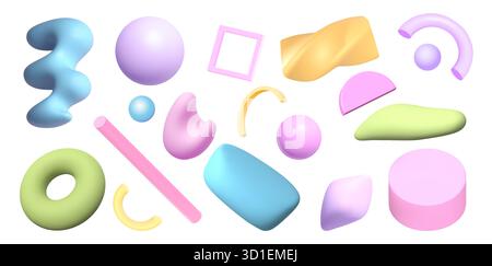 Set di oggetti astratti color pastello 3D assortiti in varie forme geometriche in stile realistico Illustrazione Vettoriale