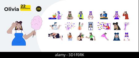 Donna ispanica curvy con emozioni, social media, cartoni animati lifestyle, maxi bundle di illustrazioni piatte Illustrazione Vettoriale