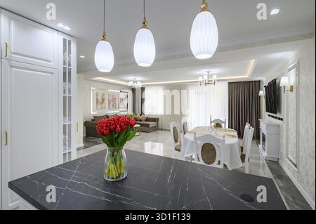 Lussuoso, grande, moderno arredamento da cucina casalingia con piano di lavoro in marmo nero e isolano Foto Stock