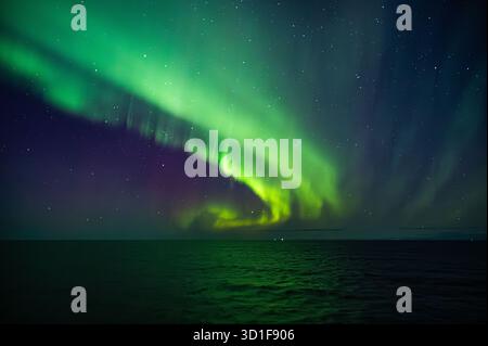 Un'affascinante esposizione dell'aurora boreale illumina il cielo notturno su un vasto oceano, creando un'affascinante aurora verde e viola Foto Stock