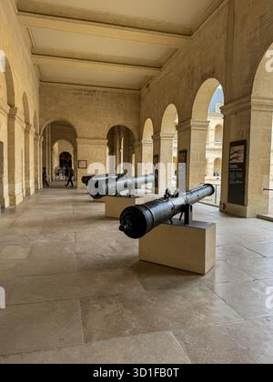 storici cannoni in bronzo esposti all'interno delle gallerie di pietra arcuata di les invalides a parigi, francia. i visitatori camminano attraverso il complesso militare Foto Stock