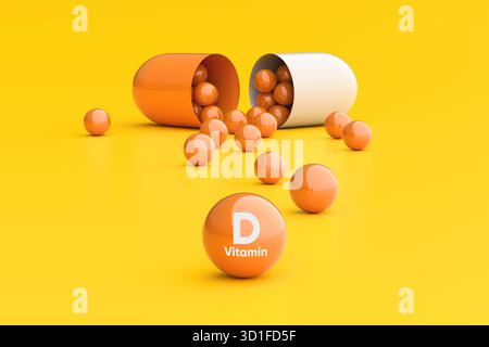 Capsula arancione e bianca aperta, versando sfere di vitamina D su una superficie gialla brillante, simboleggiando integratori, salute e nutrizione Foto Stock