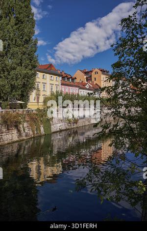Case tradizionali colorate lungo il fiume Lubiana - Lubiana, Slovenia Foto Stock