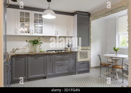 Interni di una moderna e lussuosa cucina in legno grigio e bianco Foto Stock