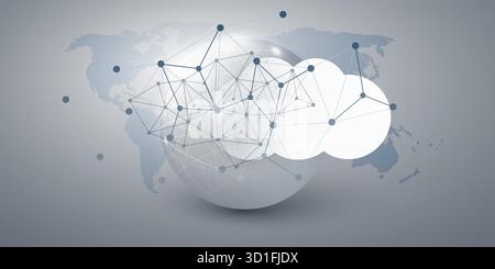 Concetto di progettazione di cloud computing - nodi digitali globali e poligoni 3D; connessioni, intelligenza artificiale moderna, software e servizi, piattaforma tecnologica con background Illustrazione Vettoriale