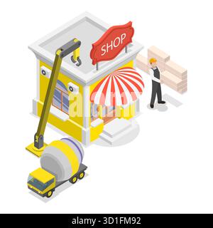 Illustrazione piatta isometrica 3D di attività di vendita al dettaglio, vendita di beni e servizi ai consumatori. Punto 3 Foto Stock