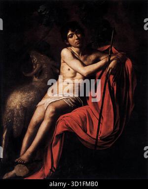 CARAVAGGIO (B. 1571, Caravaggio, d. 1610, Porto Ercole) San Giovanni Battista 1610 olio su tela, 159 x 124 cm Galleria Borghese, Roma il dipinto fu eseguito durante gli ultimi giorni della permanenza di Caravaggio a Napoli, insieme al Martirio di Sant'Orsola. Si può fare un confronto tra il giovane San Giovanni nella Galleria Borghese di Roma e i dipinti dello stesso soggetto a Kansas City e nella Galleria Nazionale di Arte Antica di Roma. Il Borghese St John è il più sobriamente premuroso. Il corpo è delicato e l'espressione è sognante, tanto da suggerire una distanza considerevole Foto Stock