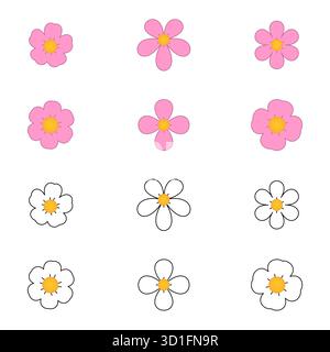 Collezione di illustrazioni dei fiori colorati su sfondo bianco. Elegante opera d'arte botanica Illustrazione Vettoriale