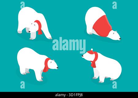 Set piatto isometrico 3D di posture dell'orso polare, animale grande bianco Foto Stock