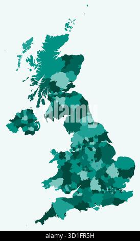 Mappa del Regno Unito con le regioni. Solo una semplice mappa di confine con la divisione della regione. Tavolozza dei colori ottanio. Illustrazione Vettoriale