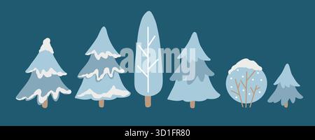 Un insieme di alberi invernali e cespugli innevati in uno stile piatto doodle. Una collezione di ritagli vettoriali di alberi e cespugli per le scene invernali e natalizie. Illustrazioni di alberi disegnati a mano in blu, isolati su sfondo scuro Illustrazione Vettoriale