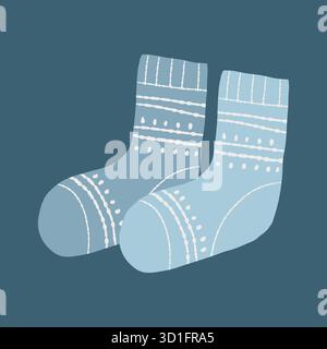 Un caldo paio di calze invernali lavorate a maglia con motivo blu. Un esempio piatto di Capodanno di calzini retrò isolati su uno sfondo scuro. Accessori per guardaroba invernale Illustrazione Vettoriale