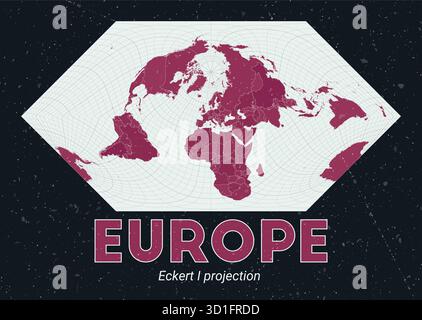 Europa. Mappa del mondo. Proiezione di Eckert i incentrata sull'Europa. Pallido Mint Dark Pink (Rosa scuro). Texture vintage. Illustrazione vettoriale VIBRANT. Illustrazione Vettoriale