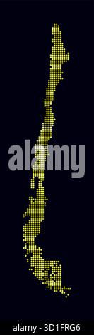 Cartina punteggiata del Cile. Mappa digitale del paese su sfondo scuro. Forma cilena con punti circolari. Stile puntini colorati. Cerchi di piccole dimensioni. Illustrazione Vettoriale