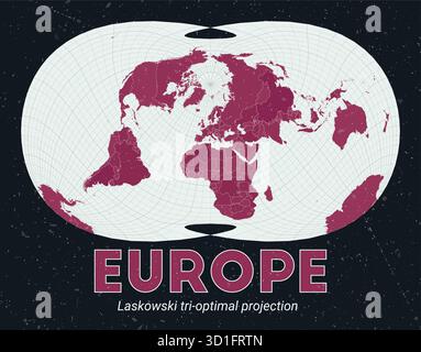 Europa. Mappa del mondo. Proiezione tri-ottimale Laskowski incentrata sull'Europa. Pallido Mint Dark Pink (Rosa scuro). Texture vintage. Accattivante illustrazione vettoriale. Illustrazione Vettoriale