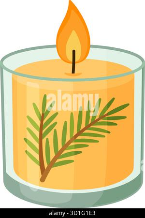 Candela bruciata. Candela gialla in vetro con un ramo di abete rosso. Design piatto alla moda e disegnato a mano, isolato. Per adesivi, app, poster, design. Relax, riposo e aromaterapia. Illustrazione vettoriale Illustrazione Vettoriale