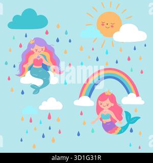 Clipart vettoriale con graziose sirene, arcobaleni colorati, nuvole, gocce di pioggia e sole sorridente su sfondo blu. Perfetto per il design dei bambini, i tessuti e l'involucro Illustrazione Vettoriale