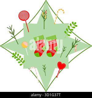 Vector Christmas 2026 star con canne di caramelle, lecca-lecca, calze e rami di Babbo Natale Illustrazione Vettoriale