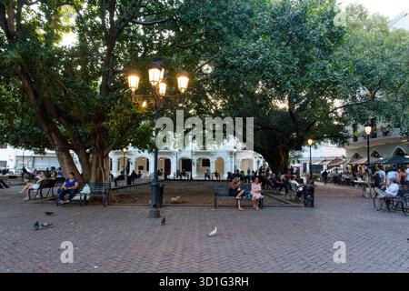 Parco Santo Domingo Columbus con il Palacio Consistorial sullo sfondo. Bellissimi alberi e persone che si divertono, Foto Stock