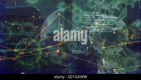 Visualizzazione di grafici di rete che mappano modelli virali verdi e nodi dorati in laboratorio virtuale con wireframe Foto Stock