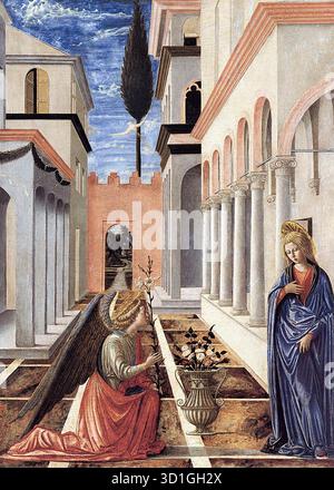 CARNEVALE, fra (c.a. 1425, Urbino, d. 1484, Urbino) l'Annunciazione c. 1448 Tempera e olio su legno, 88 x 63 cm Galleria Nazionale d'Arte, Washington questo dipinto fu originariamente attribuito a fra Filippo Lippi. La composizione si ispira infatti a due delle pale d'altare di Lippi, un'Annunciazione a San Lorenzo, Firenze, e un'altra a Monaco di Baviera. Dal primo di questi derivano la posa e lo sguardo verso l'alto dell'angelo, le solide aloni con canalizzazione e la ripida prospettiva degli edifici che terminano in un muro color salmone con una porta aperta. Dal secondo, fra Carnevale ha preso il modesto Foto Stock