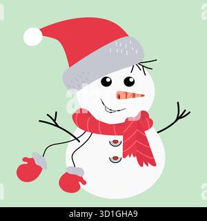 Clipart piatto vettoriale di pupazzo di neve in cappello rosso di Babbo Natale, sciarpa e guanti. Perfetto per vacanze invernali, biglietti d'auguri, arredamento, Web o design festivo. EPS modificabile. Illustrazione Vettoriale