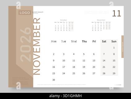 Il calendario di novembre 2026 è bianco e beige. Il layout del calendario di novembre 2026 con la data di inizio della settimana di lunedì. Illustrazione Vettoriale