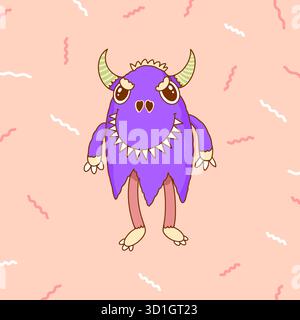 Mostro carino e spaventoso con artigli e corna. Simpatiche bestie kawaii mascotte in stile moderno disegnato a mano. Illustrazione Vettoriale