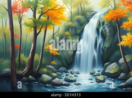 cascata, pittura ad olio, arte, paesaggio, natura, fiume, montagna, foresta, acqua, flusso, artistico, tela, pennello, scenografia, pittura di paesaggi, natu Illustrazione Vettoriale