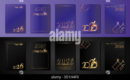 Set cards 2026 texture oro felice anno nuovo, sfondo nero o blu di lusso dorato, elementi per calendario e biglietti di auguri o a tema natalizio Illustrazione Vettoriale