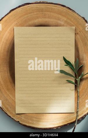 Foglio di carta kraft con linee tratteggiate su fetta di legno e ramoscello verde, piano di cancelleria naturale Foto Stock